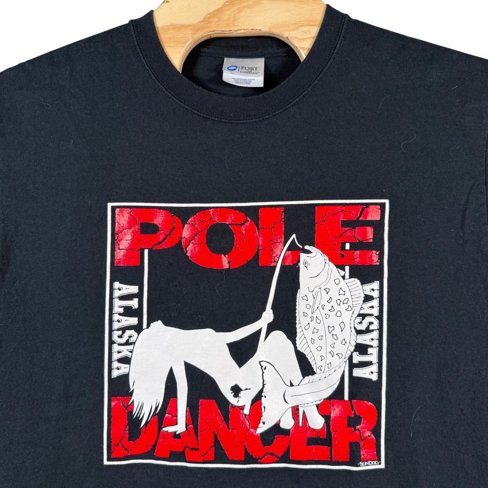 Vintage‎ Pole Dancer Fishing T-Shirt Mens Large Black Alaska Fishing Graphic Tee